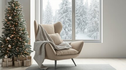 Poster - In a cozy living room, a soft beige armchair is draped with a blanket, beside a beautifully decorated Christmas tree with golden ornaments. Warm sunlight filters through the large windows