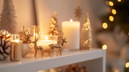 Poster - A beautifully designed holiday display with golden deer figurines, candles, and a decorative vase. The soft glow of the candles adds a cozy touch, perfect for holiday celebrations