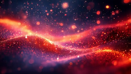 Poster - Abstract, glowing red particles in a dark background, creating a dynamic wave-like pattern with a futuristic vibe