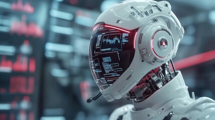 Poster - A futuristic robotic head with a sleek design, featuring a transparent visor and illuminated elements, set against a backdrop of advanced technology.