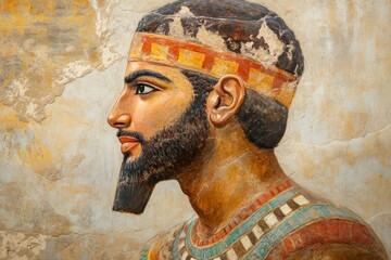 a sumerian wall painting featuring a bearded king's face, depicted on cracked plaster in the middle 