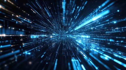 Aufkleber - Abstract futuristic background with blue glowing light speed lines and geometric shapes, vector illustration design element for a technology concept. illustration on a black color background