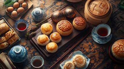 Wall Mural - A collection of traditional Asian pastries like baozi, egg tarts, and mooncakes, artistically arranged on a decorative table with chopsticks and tea cups 