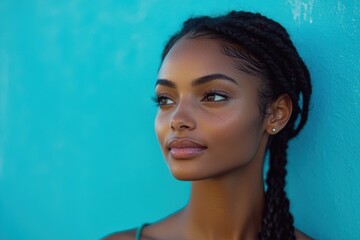 Wall Mural - Young woman with braided hair poses against a vibrant blue wall, creating a striking visual contrast in a cheerful environment