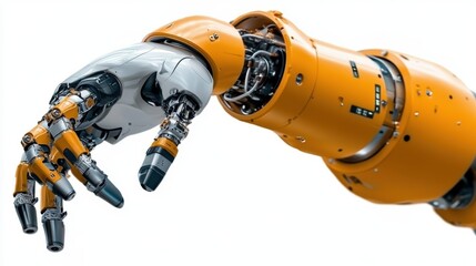 Poster - A robotic arm with metallic and orange components, showcasing advanced engineering and precision in robotic technology.