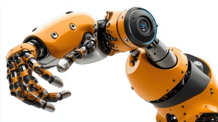 Poster - A detailed robotic arm with a sleek design, featuring orange and metallic elements, showcasing advanced technology and precision engineering.