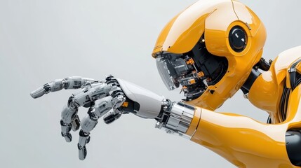 Poster - A futuristic yellow robot reaching out with a metallic hand, showcasing advanced technology and design in a minimalist setting.