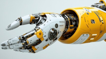 Poster - A futuristic robotic hand with intricate mechanical details, showcasing a sleek design in white and yellow tones.