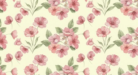  A seamless pattern featuring pastel-colored flowers and leaves. Watercolor Floral Background with Multicolored Fresh Bloosoms. Design Element for Greeting Cards, Banners, Leaflets and Flyers.