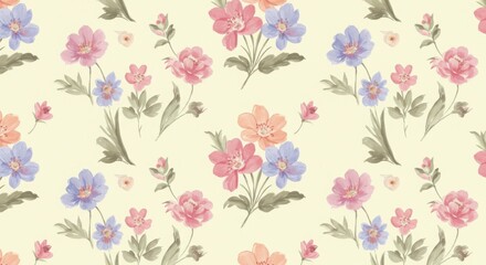  A seamless pattern featuring pastel-colored flowers and leaves. Watercolor Floral Background with Multicolored Fresh Bloosoms. Design Element for Greeting Cards, Banners, Leaflets and Flyers.