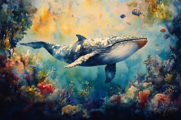 Wall Mural - Majestic whale swimming through vibrant coral reef in an underwater paradise