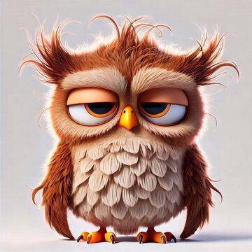 Cartoon owl, just woke up, eyes slightly open, shaggy unkempt feathers, displeased face, white background. 3d rendering