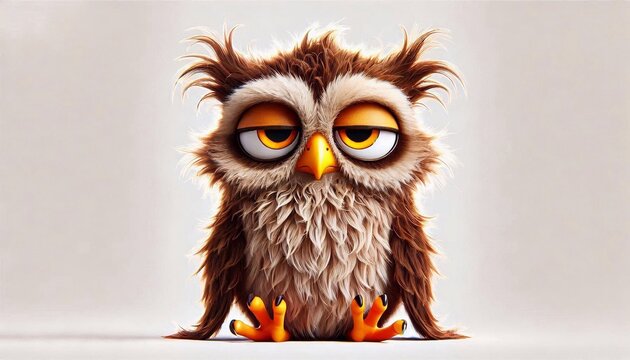 Cartoon owl, just woke up, eyes slightly open, shaggy unkempt feathers, displeased face, white background. 3d rendering