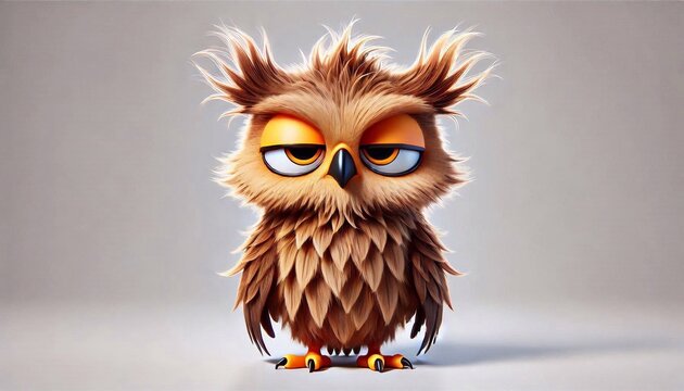 Cartoon owl, just woke up, eyes slightly open, shaggy unkempt feathers, displeased face, white background. 3d rendering