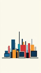 Poster - Colorful Abstract Cityscape with Laptops and Tall Buildings in Flat Design Style