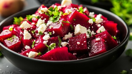 Wall Mural - Fresh beet salad with feta and herbs served in a modern black bowl