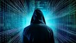 © clsdesign - Back of cyber data breach attacker in a dark hoodie in front of a computer network technology background