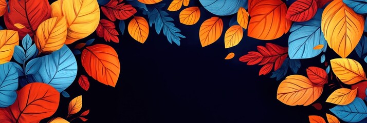 Wall Mural - Colorful autumn leaves frame a dark background, creating a vibrant seasonal illustration.