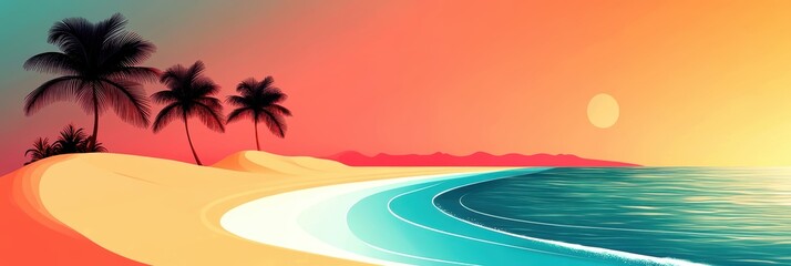 Wall Mural - Tropical beach scene with palm trees and vibrant sunset colors.