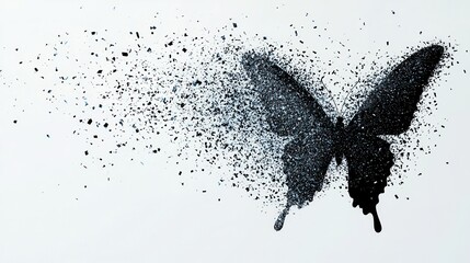 Fototapete - A stylized black butterfly silhouette disperses into particles, creating a striking visual effect of transformation and fragility.