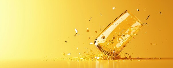Poster - A glass spills liquid against a vibrant yellow backdrop, creating a splash effect that captures a moment of dynamic motion.