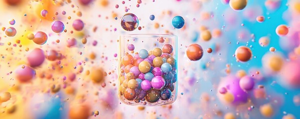 Poster - A vibrant assortment of colorful spheres floating around a transparent container, creating a lively and dynamic visual effect.