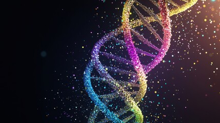 Poster - A vibrant, colorful representation of a DNA double helix, surrounded by sparkling particles against a dark background.