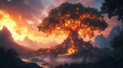 Wall Mural - Glowing tree in a mystical sunset landscape with mountains and river.