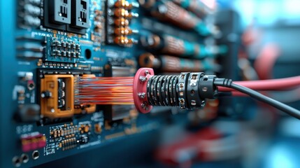 Poster - A close-up view of a circuit board with colorful wiring, highlighting electronic connections and components in a vibrant tech environment.