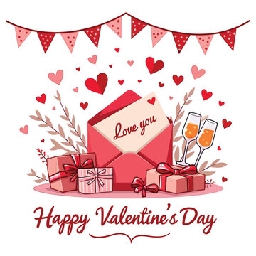 Set of Valentine's day hand drawn decorative elements. Ribbons, bows, garlands, gift boxes, balloons, envelopes, heart shaped frames.  illustration. Vector.