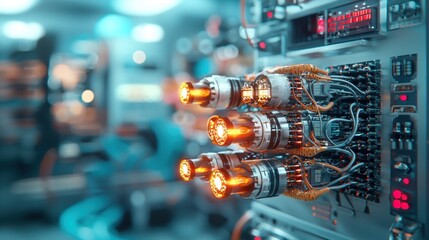 Poster - A close-up view of electronic components with glowing tubes, showcasing intricate circuitry in a modern technological environment.
