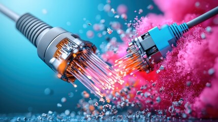 Poster - A vibrant depiction of two connecting cables, emitting colorful sparks and water droplets, symbolizing technology and connectivity.