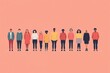 © Dina - Illustration of diverse professionals, including different genders, ages, and cultures, standing in a line on a solid color background, minimal background with copy space