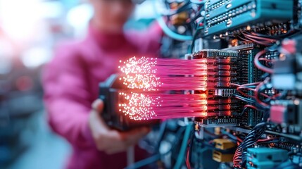 Poster - A technician works on a complex circuit board, using tools to manipulate vibrant light beams from the equipment in a high-tech environment.