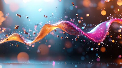 Poster - A vibrant, flowing wave of colorful particles glimmers against a soft-focus background, creating a dynamic and energetic visual effect.