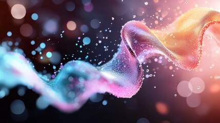 Poster - A vibrant wave of colorful particles glides through a dark background, creating a mesmerizing visual effect with a sense of motion and energy.