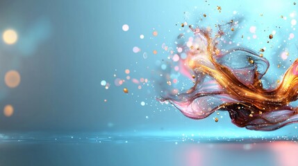 Poster - A vibrant abstract composition featuring flowing colors and luminous particles against a soft blue background.