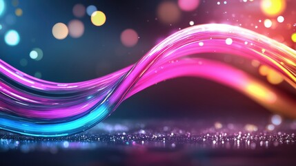 Poster - A vibrant wave of colorful light swirls through a dark background, creating a mesmerizing, dynamic effect with shimmering highlights.