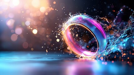 Poster - A vibrant, artistic depiction of a ring surrounded by colorful bursts of light and water-like splashes, creating a magical and dynamic atmosphere.