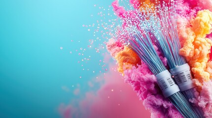Poster - A vibrant explosion of colored smoke surrounds blue wires, creating a lively and dynamic visual effect.