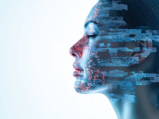 Poster - Technological breakthroughs in digital facial recognition virtual lab image art futuristic environment side view innovation