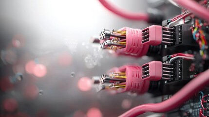 Poster - A close-up view of colorful electrical cables and connectors, showcasing intricate details in a modern, technology-themed setting.