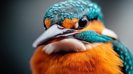 A striking, intimate portrait of a kingfisher bird highlighting its vivid plumage and captivating gaze, bringing out the beauty and intricacies of this beloved avian species.