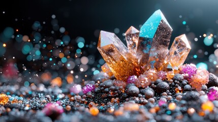Poster - A vibrant display of colorful crystals sparkling against a dark background, showcasing their intricate shapes and textures.