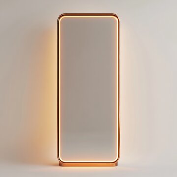 3D rendering of a delicate rectangular table mirror with a bronze-colored frame, glowing softly in a bright white setting