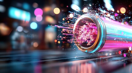 Poster - A vibrant, futuristic depiction of a glowing tube emitting colorful light and particles, set against a blurred city background.