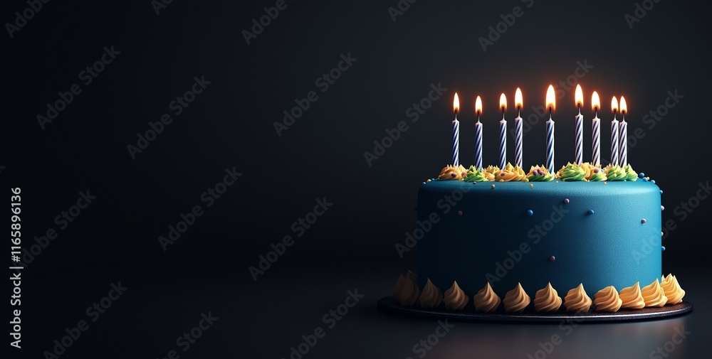 3D blue birthday cake with candles on a dark background, in a ...