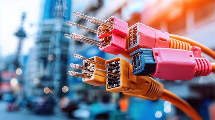 Poster - A close-up of colorful electrical connectors, showcasing various types with a blurred urban background.