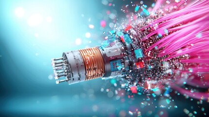 Poster - A vibrant, abstract depiction of a cable with colorful fibers emitting particles, representing connectivity and technology.