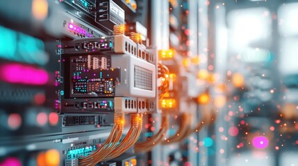 Poster - A close-up of server hardware with colorful lights and cables, showcasing a modern data center environment.